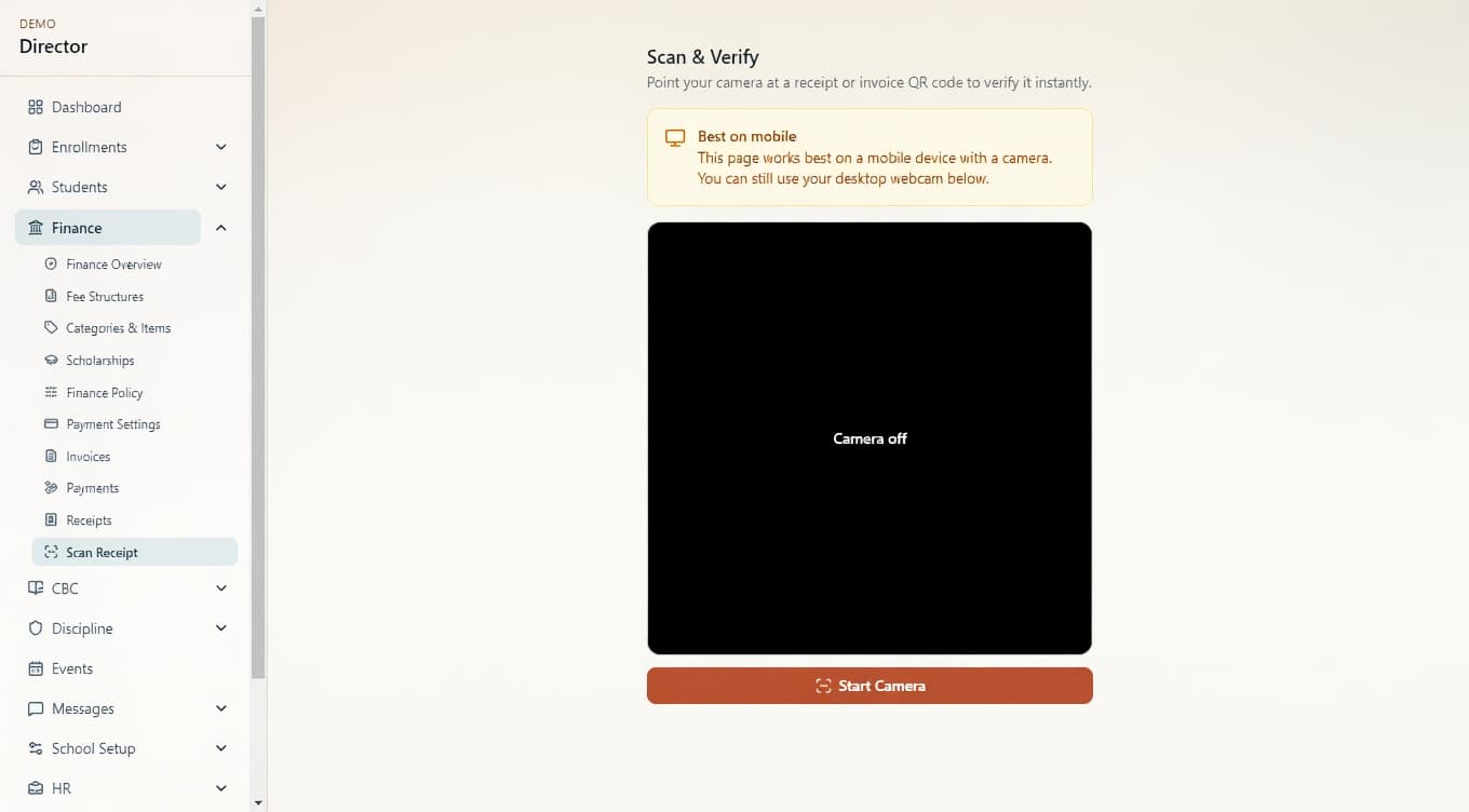 ShuleHQ receipt scanning and payment recording